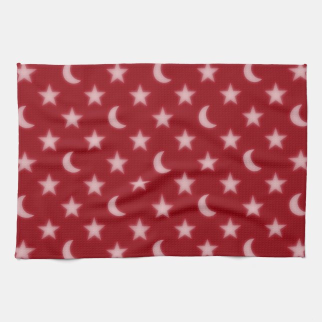 Red stars and moons pattern kitchen towel (Horizontal)