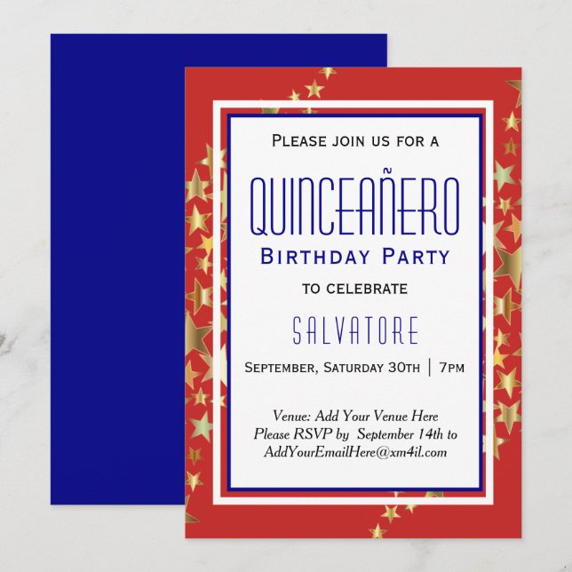 Red Stars Quinceañero 15th Birthday BOY  Invitation (Front/Back)