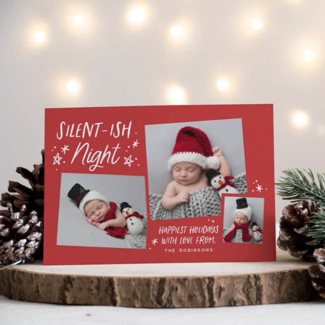 Red Stars Silent-ish Night 3 Photo Collage Baby Holiday Card (Creator Uploaded)