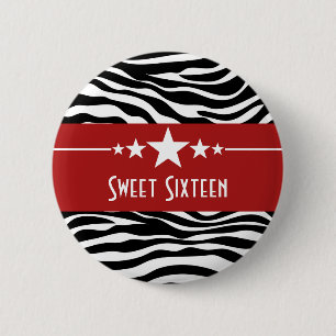 Red Stars Zebra Print Sweet 16 Button
