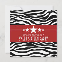 Red Stars Zebra Print Sweet 16 Invitation