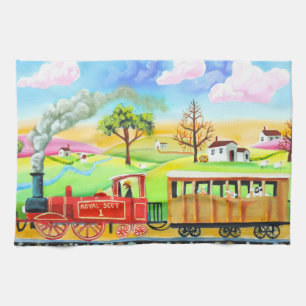Red steam train naive folk art painting kitchen towel