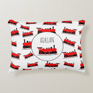 Red Steam Train Pattern Customized Name Accent Pillow
