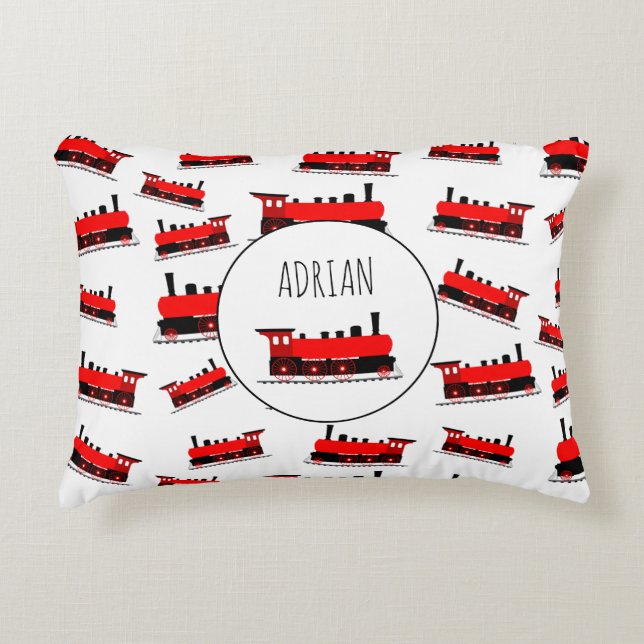 Red Steam Train Pattern Customized Name Accent Pillow (Front)