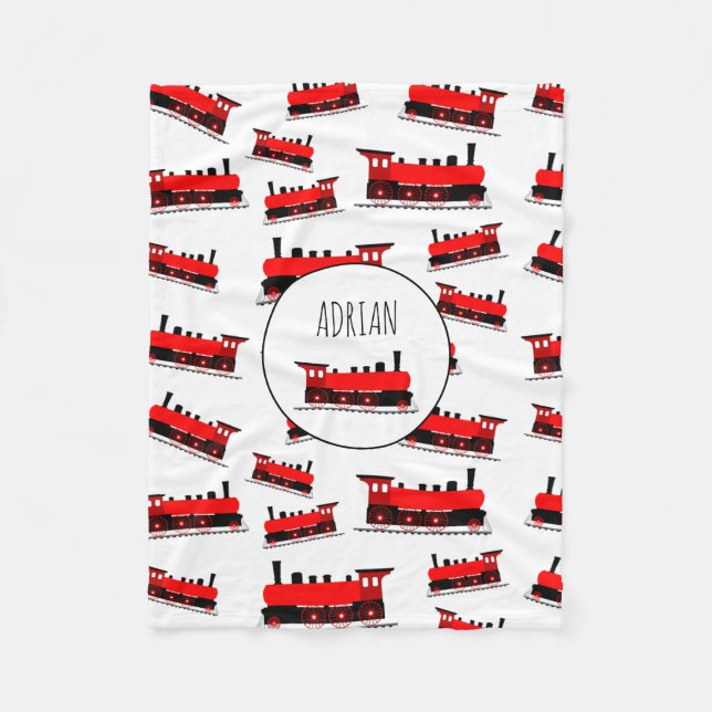 Red Steam Train Pattern Customized Name Fleece Blanket (Front)