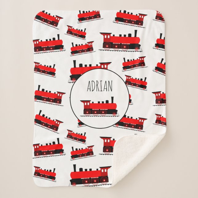 Red Steam Train Pattern Customized Name Sherpa Blanket (Front)
