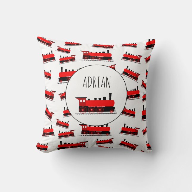 Red Steam Train Pattern Customized Name Throw Pillow (Front)