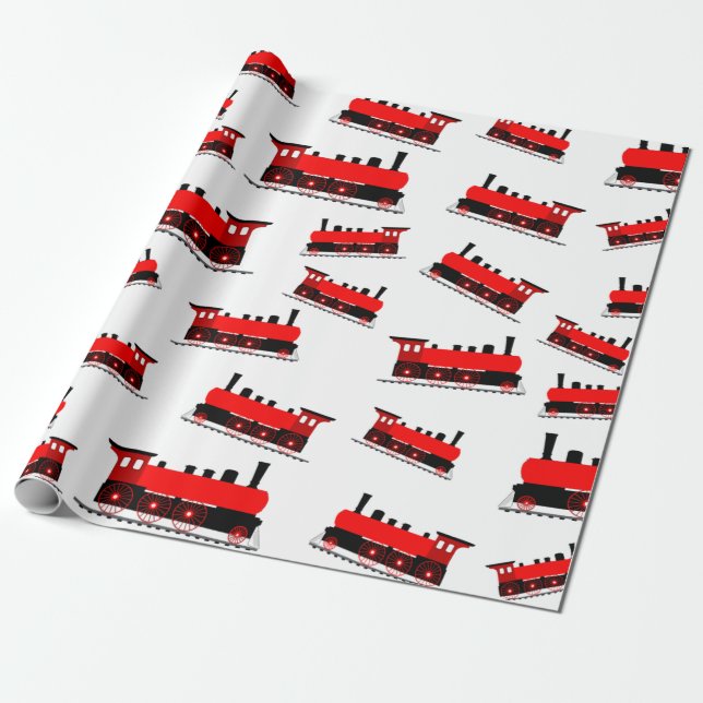 Red Steam Train Pattern Wrapping Paper (Unrolled)