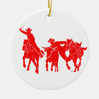 Red Steer Wrestler Ceramic Ornament