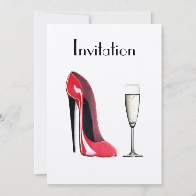 Red Stiletto Shoe and Champagne Invitation (Front)