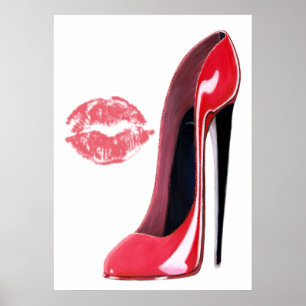 Red Stiletto Shoe and Red Lips Art  Poster