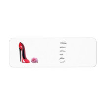 Red Stiletto Shoe and Rose Label