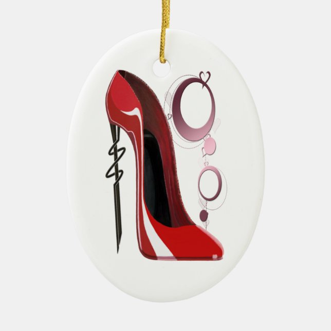 Red Stiletto Shoe Art and Bangles Ceramic Ornament (Front)