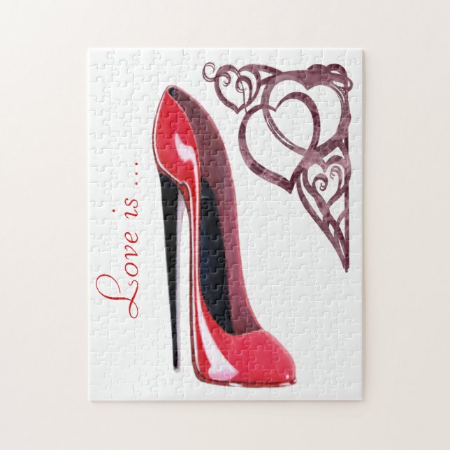 Red Stiletto Shoe Art and Heart Swirls Jigsaw Puzzle (Vertical)