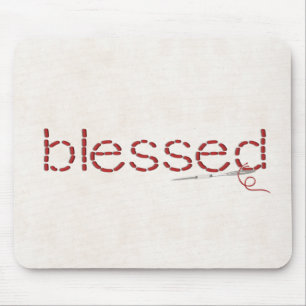 red stitched BLESSED text message with needle Mouse Pad