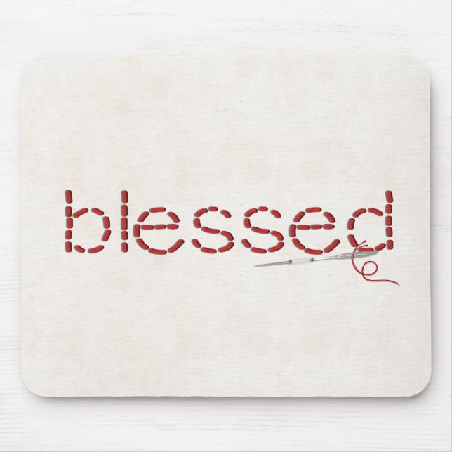red stitched BLESSED text message with needle Mouse Pad (Front)