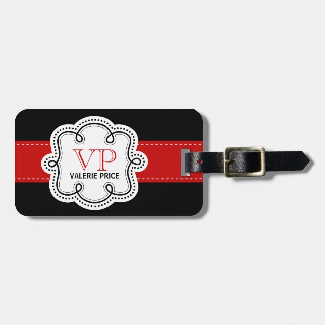 Red Stitched Ribbon Personalized Girly Monogram Luggage Tag (Front Horizontal)