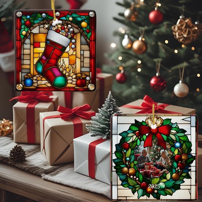  Red Stocking Faux Stained Glass  Ceramic Ornament (Creator Uploaded)