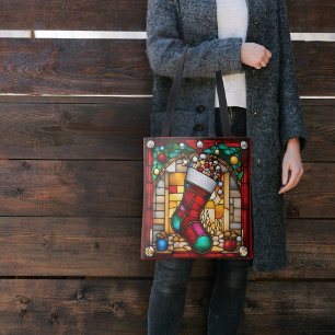 Red Stocking Faux Stained Glass Tote Bag