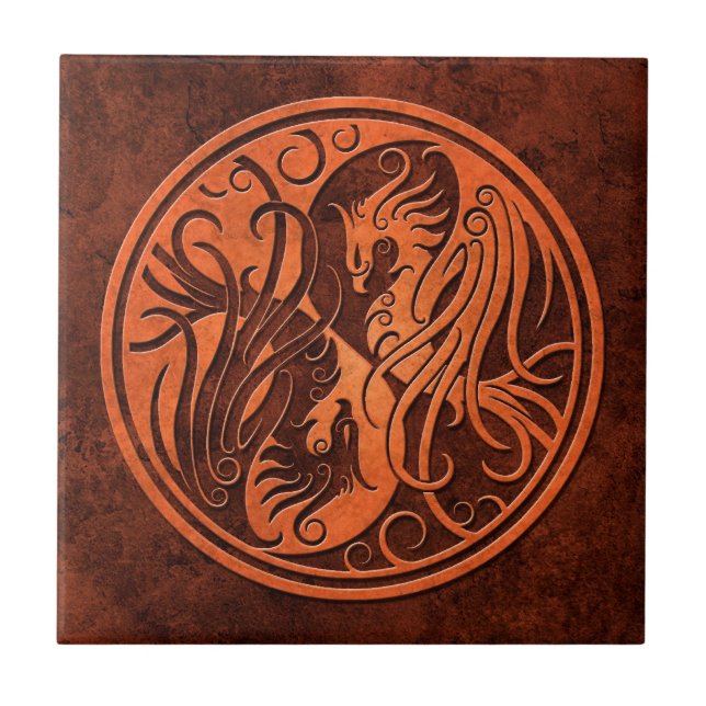 Red Stone Yin Yang Phoenix Tile (Front)