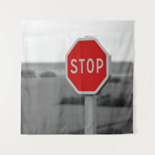 Red Stop Road Sign Minimalist Photography Tapestry