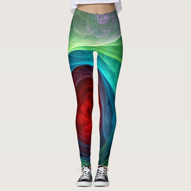 Red Storm Floral Modern Abstract Art Colour Patter Leggings (Front)