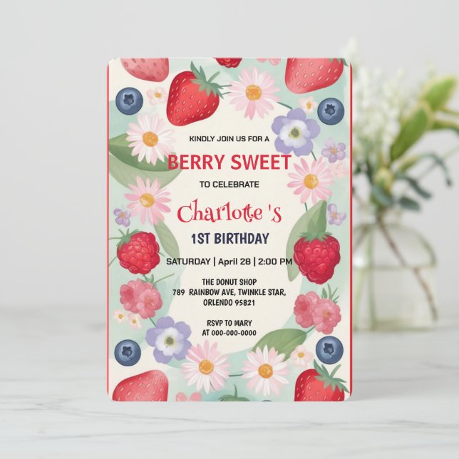 Red strawberries 1st Birthday Party for kids Invitation (Standing Front)
