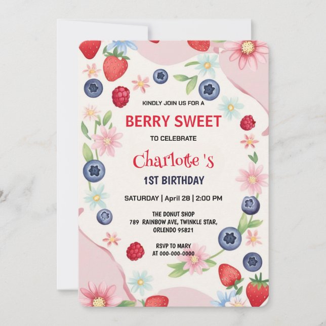 Red strawberries 1st Birthday Party for kids Invitation (Front)