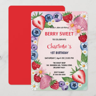 Red strawberries 1st Birthday Party for kids Invitation
