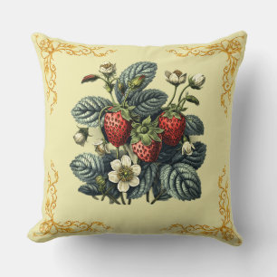 Red Strawberries and White Floral Greenery Pattern Throw Pillow