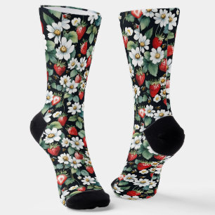 Red Strawberries And White Flowers Berry Patch Socks