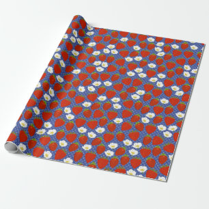Red Strawberries and White Flowers Navy & White Wrapping Paper