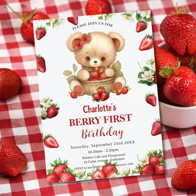 Red Strawberries Bear Berry First 1st Birthday  Invitation (Creator Uploaded)