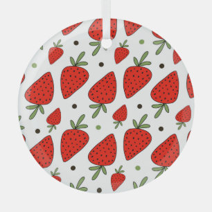 Red Strawberries Cartoon Seamless Pattern Glass Ornament