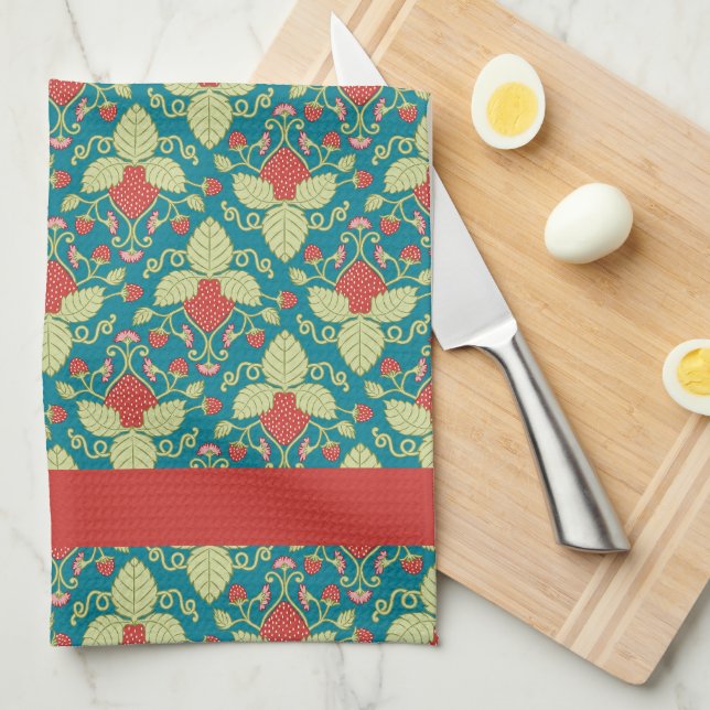 Red Strawberries, Flowers, Fruit, and Runners Kitchen Towel (Quarter Fold)