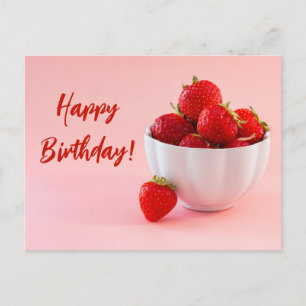 Red Strawberries In A Bowl On Pink Happy Birthday Postcard