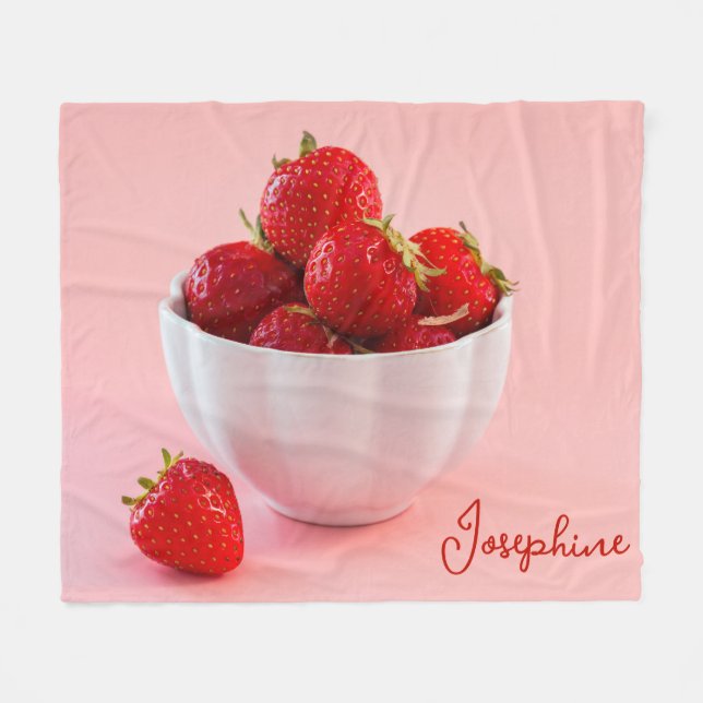 Red Strawberries In A Bowl Pink Photo With Name Fleece Blanket (Front (Horizontal))