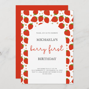 Red Strawberries Pattern Berry First Birthday Invitation