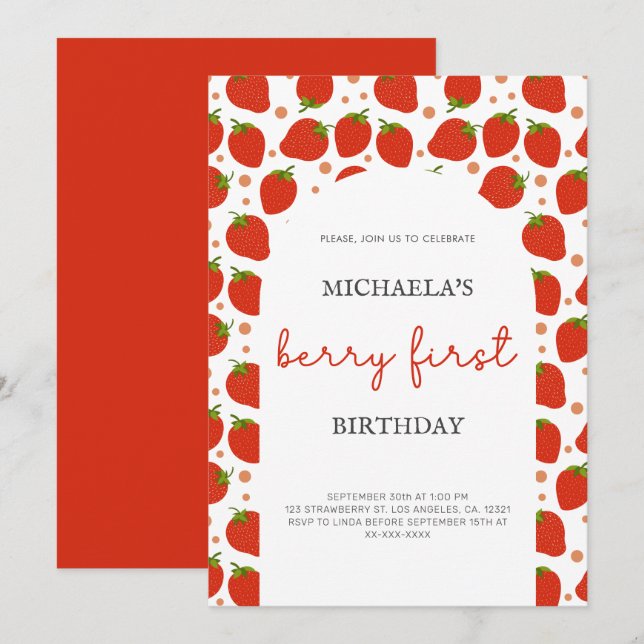 Red Strawberries Pattern Berry First Birthday  Invitation (Front/Back)