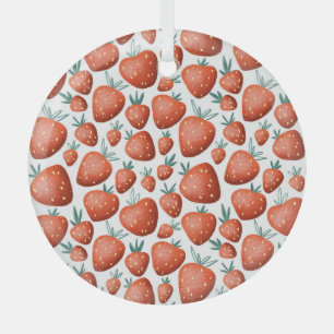 Red Strawberries White Background Seamless Glass Ornament