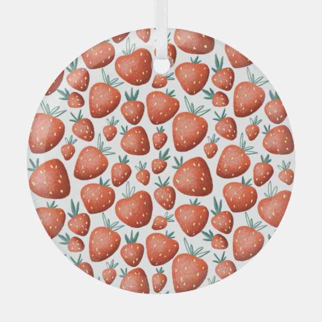 Red Strawberries White Background Seamless Glass Ornament (Front)