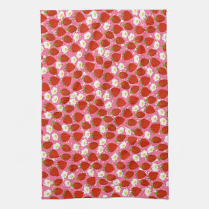 Red Strawberries with Pink White Dots Background Kitchen Towel