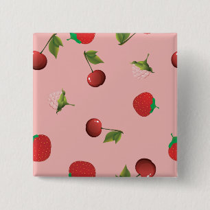 Red Strawberry and Cherry Pattern Pink Fruit 2 Inch Square Button