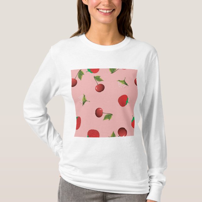 Red Strawberry and Cherry Pattern Pink Fruit T-Shirt (Front)