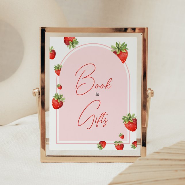 Red Strawberry Baby Shower Books and Gifts Poster (Boho Berry Sweet Baby Shower Books and Gifts Sign)