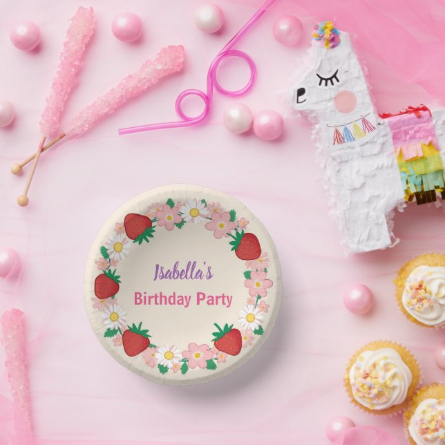 Red Strawberry berry Daisy Birthday Party for her Paper Plate (Party)