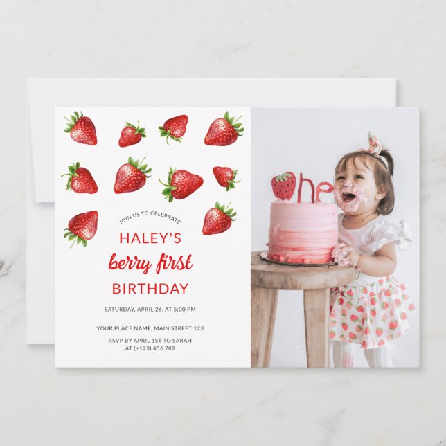 Red Strawberry Berry first 1st Baby Photo Birthday Invitation (Front)
