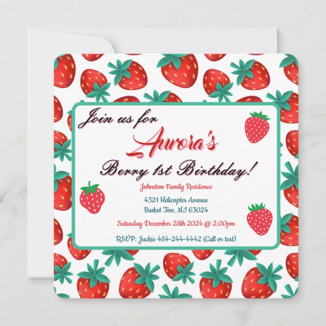 Red Strawberry Berry First Birthday Party Save The Date (Front)