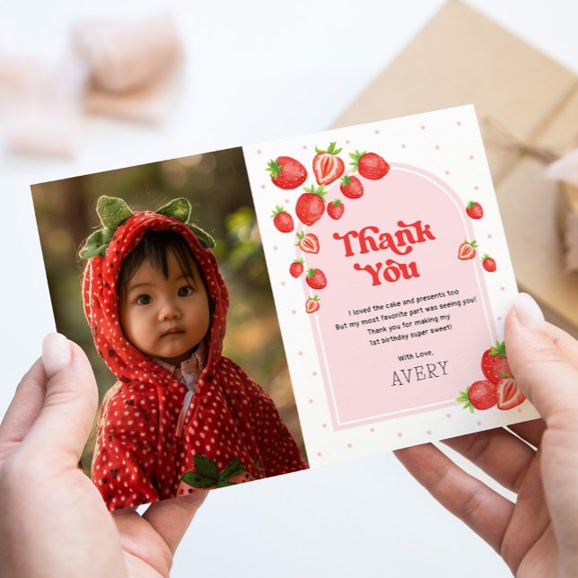 Red Strawberry Berry First Birthday Photo Thank You Card (Creator Uploaded)