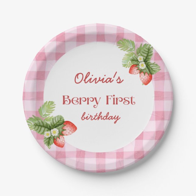 Red Strawberry Berry First Birthday Thank You Paper Plate (Front)